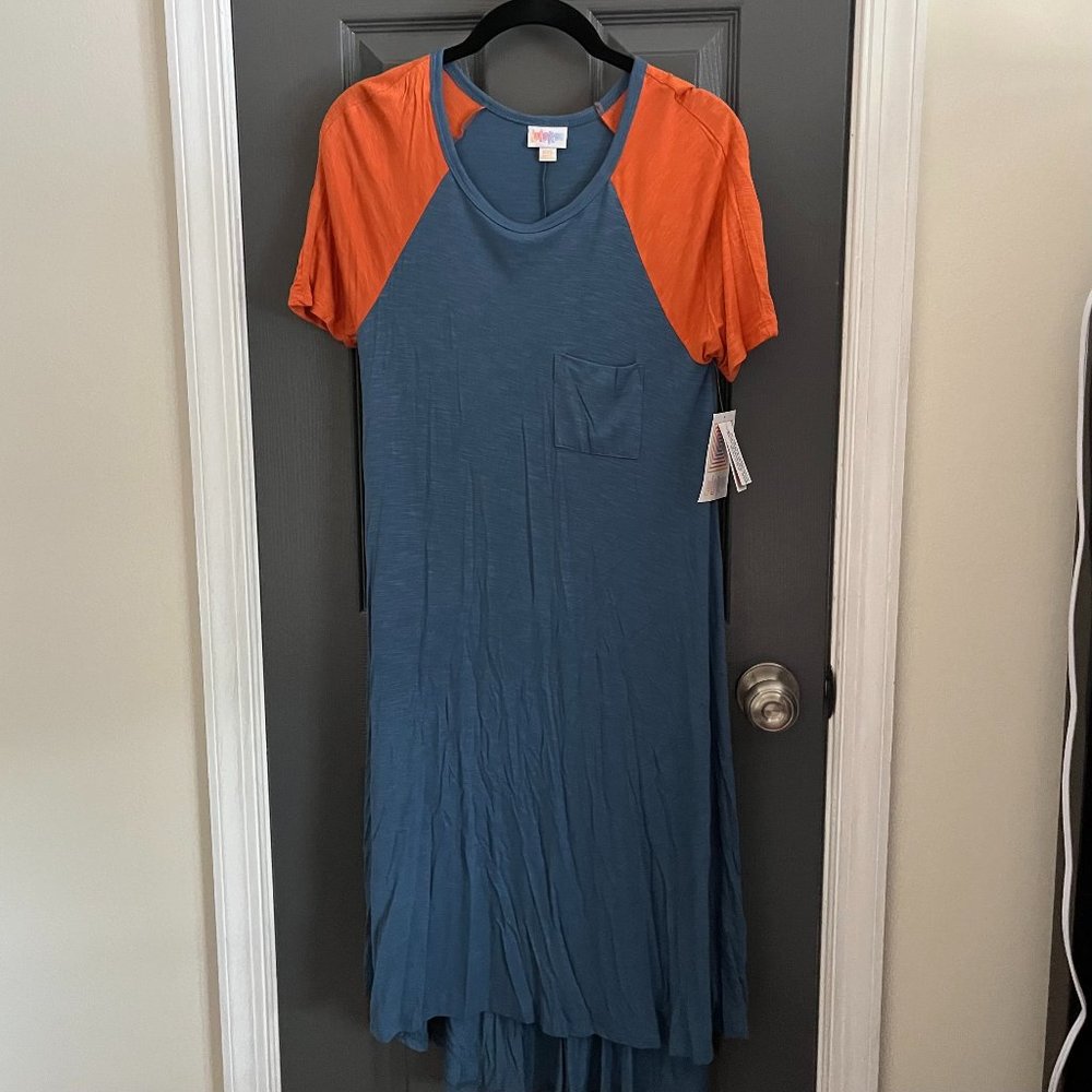NWT LuLaRoe Carly Dress, Blue with Orange Sleeves, Size XXS